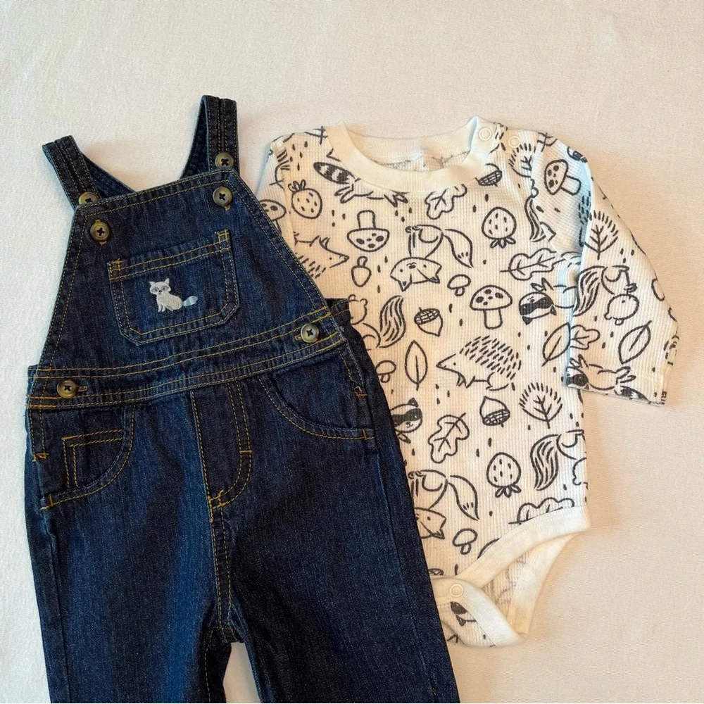 Carters 6M Denim Bibs Overalls Long Sleeve Thermal Bodysuit Woodland Animals